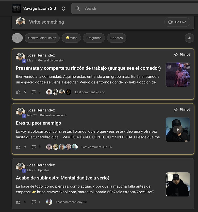 Comunidad privada Savage Ecom con publicaciones de José Hernández